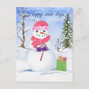 Sneeuwman roze sjaal snoep-riet Happy Snow days Briefkaart