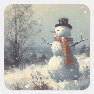 Sneeuwman schilderij vierkante sticker