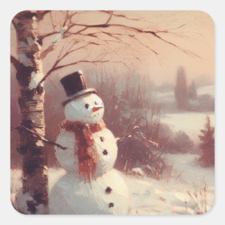 Sneeuwman  schilderij vierkante sticker
