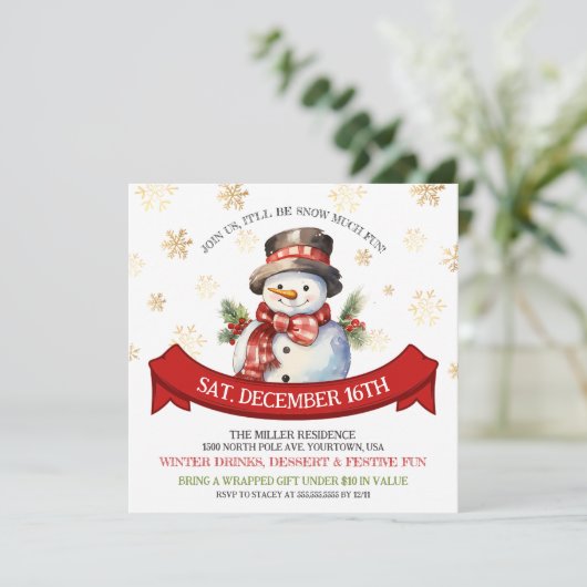 Sneeuwman sneeuw veel leuke kerst uitnodiging (Staand voorkant)