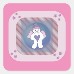 Sneeuwman Sneeuwengel Roze Vierkante Sticker
