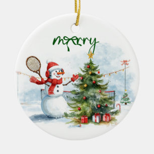 Sneeuwman speelt tennis Kerstmis waterverf Keramisch Ornament