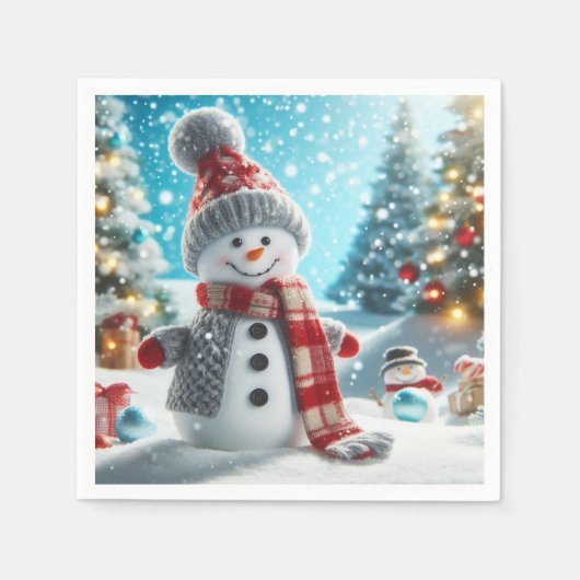 Sneeuwman staand in winterlandschap servet (Voorkant)