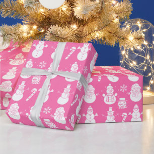 Sneeuwman Sterren Schattige Roze Xmas Retro  Cadeaupapier