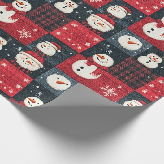 Sneeuwman Tartan Plaid Rood & Zwart Kerstmis Cadeaupapier (Hoek)