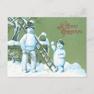 Sneeuwman Vader En Zoon Sneeuwladder Sneeuwbal Briefkaart