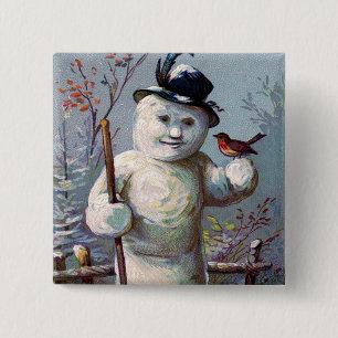 Sneeuwman Vogel Winter Sneeuw Zangvogel Vierkante Button 5,1 Cm