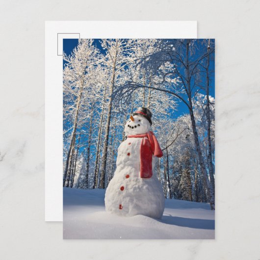 Sneeuwman voor met sneeuw bedekt bos feestdagenkaart (Voorkant / Achterkant)