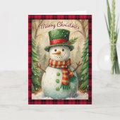 sneeuwman vrolijk kerstbuffel Plaid Feestdagen Kaart (Voorkant)