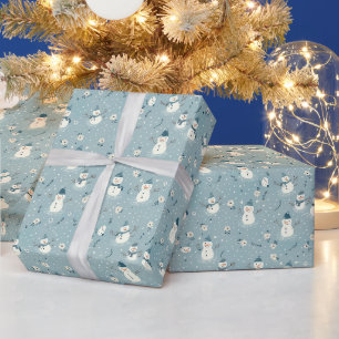 Sneeuwman W / Blue Petten & sjaals op Blue Floral Cadeaupapier