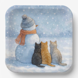 Sneeuwmannen en katten in een besneeuwd veld papieren bordje