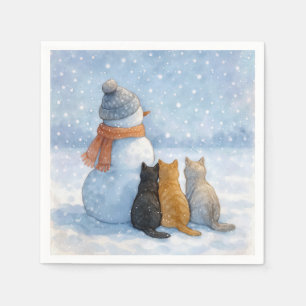 Sneeuwmannen en katten in een besneeuwd veld servet