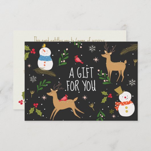 Sneeuwmannen en rendieren kerstcadeaubon (Voorkant / Achterkant)