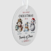 Sneeuwmannen familie van drie eerste kerstdagen ornament (voorkant)