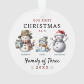 Sneeuwmannen familie van drie eerste kerstdagen ornament (achterkant)