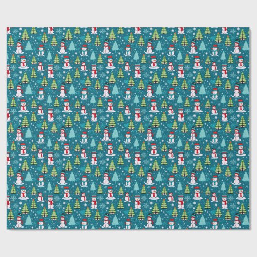 Sneeuwmannen Moderne Kerstbomen Groene Kerstmis Cadeaupapier (Vlak)