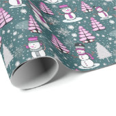 Sneeuwmannen Moderne Kerstbomen Groene Kerstmis Cadeaupapier (Rol Hoek)