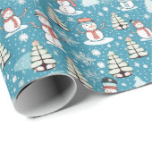 Sneeuwmannen Moderne Kerstbomen IJsblauw Kerstmis Cadeaupapier (Rol Hoek)