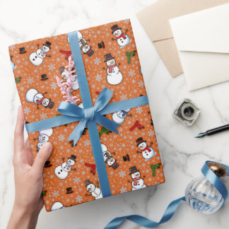 Sneeuwmannen & Sneeuwvlokken op donkeroranje Cadeaupapier