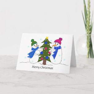 Sneeuwmannen versieren een kerstboom feestdagen kaart
