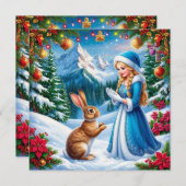 Sneeuwmeisje in winter boslandschap met konijn feestdagenkaart (Voorkant / Achterkant)
