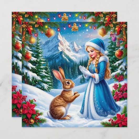 Sneeuwmeisje in winter boslandschap met konijn feestdagenkaart (Voorkant / Achterkant)