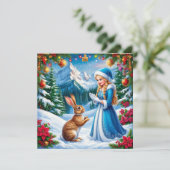Sneeuwmeisje in winter boslandschap met konijn feestdagenkaart (Staand voorkant)