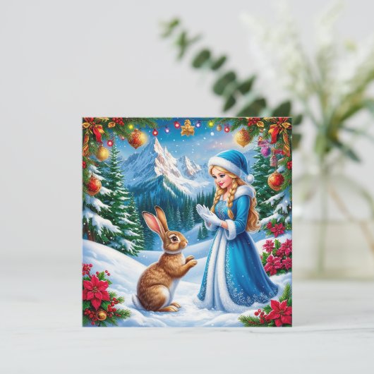 Sneeuwmeisje in winter boslandschap met konijn feestdagenkaart (Staand voorkant)
