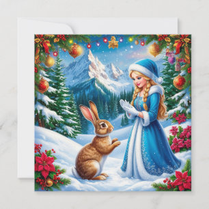 Sneeuwmeisje in winters boslandschap met konijn feestdagenkaart