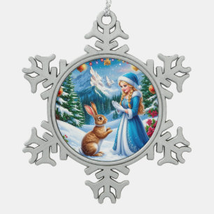 Sneeuwmeisje in winters boslandschap met konijn tin sneeuwvlok ornament