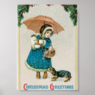 Sneeuwmeisje met kat en hond poster
