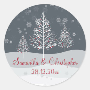 Sneeuwnacht en winterbomen bruiloft ronde sticker
