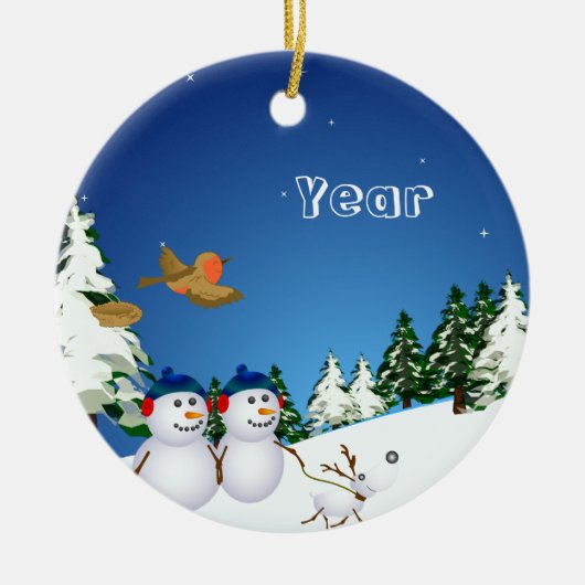 Sneeuwpaar en hond keramisch ornament (Voorkant)