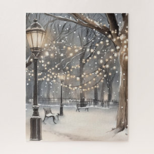 Sneeuwpark Slingerlichten Winter Nacht Legpuzzel