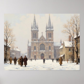 Sneeuwplein Kathedraal Impressionistisch Olie Schi Poster