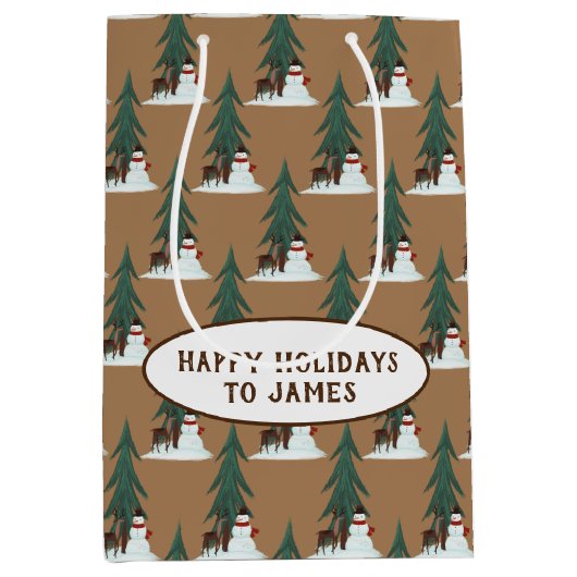 sneeuwpop en herten in sneeuw medium cadeauzakje (Voorkant)