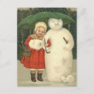 Sneeuwpop Meisje Paraplu Sneeuwval Briefkaart
