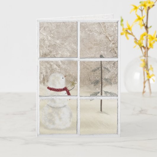 sneeuwpop met gouden kerstster in het raam kaart (Gele Bloem)