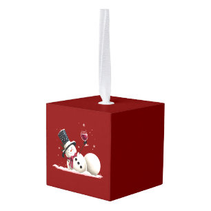 Sneeuwpop Met Wijn Kerstcadeau Xmas Feestdag Kubus Ornament
