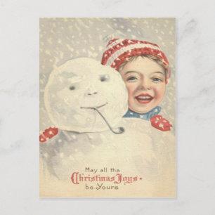 Sneeuwpop van sneeuwjongen met gebreide muts briefkaart