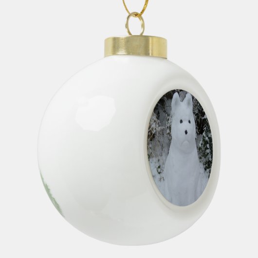 sneeuwpopfoto op kerst met grappige sneeuw keramische bal ornament (Links)