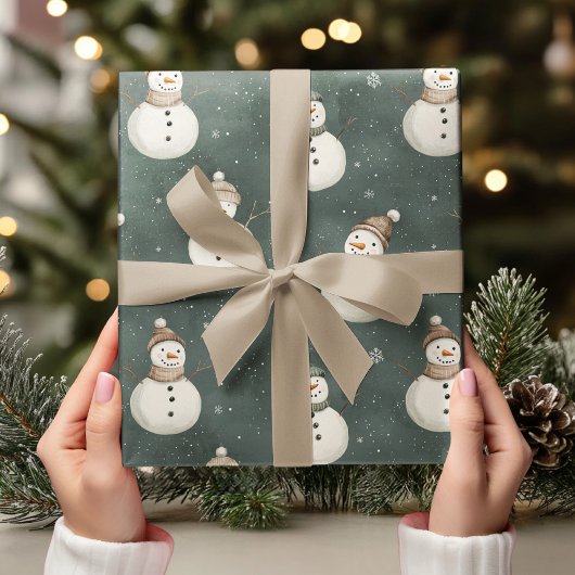 sneeuwpoppen op Sage Green Cadeaupapier
