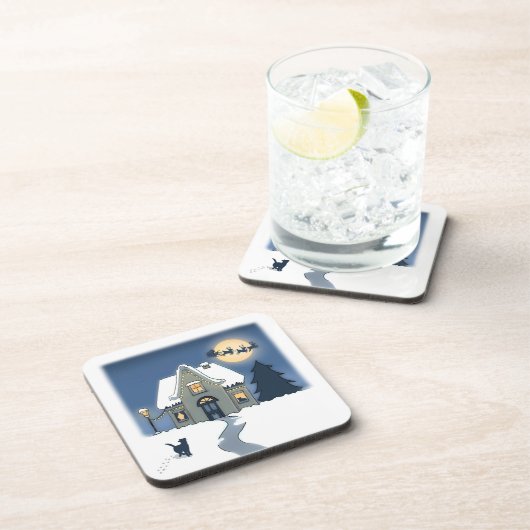 Sneeuwrijk, Sterrennacht, met Cat en Santa Sleigh Bier Onderzetter (Rechterzijde)