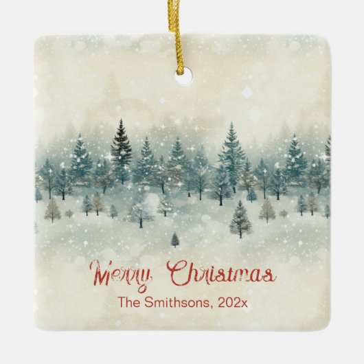 Sneeuwrijke dennenbomen keramisch ornament (Voorkant)