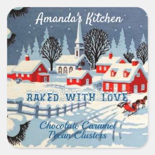  sneeuwrijke kerst rode huizen, kerk vierkante sticker