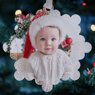 Sneeuwrijke rand eenvoudige één foto rood Vrolijk Ornament Kaart