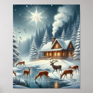 Sneeuwrijke stad onder de sterrenlicht poster