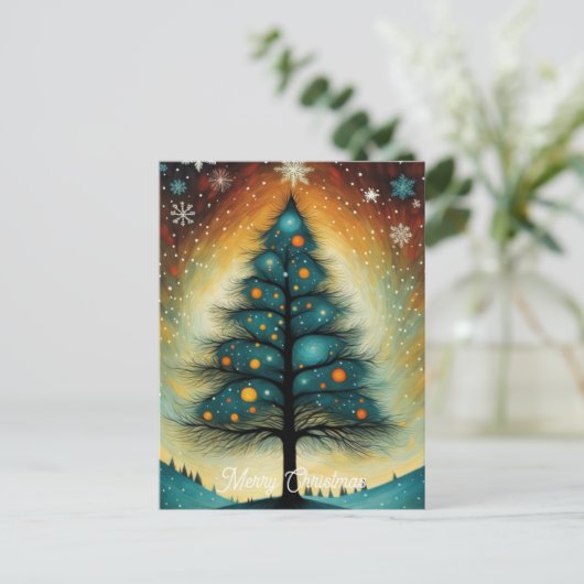 Sneeuwrijke Winter Nacht Berg Kerstboom Feestdagenkaart (Staand voorkant)
