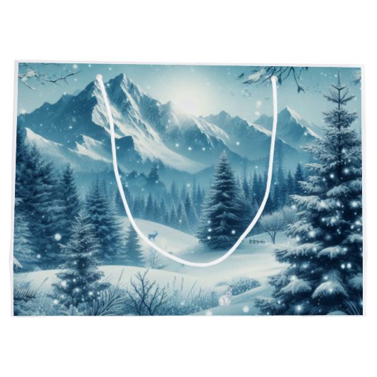 Sneeuwrijke winterberg groot cadeauzakje (Achterkant)