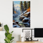 Sneeuwrivier door betoverd bos poster (Thuiskantoor)
